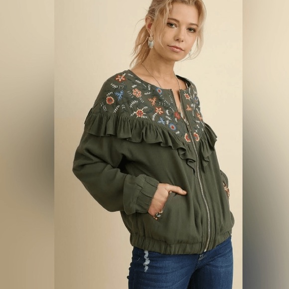 NWT Umgee Floral Embroidered Bomber Jacket Ruffle Olive Green Zip Up Medium - Picture 2 of 14